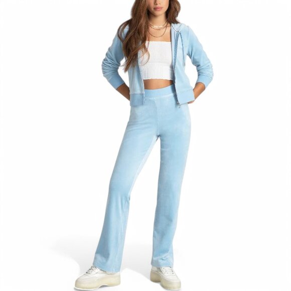 JUICY COUTURE BLING Velour 2 Piece TRACKSUIT Pants + Hoodie Set Frosted Blue NWT - Picture 2 of 16